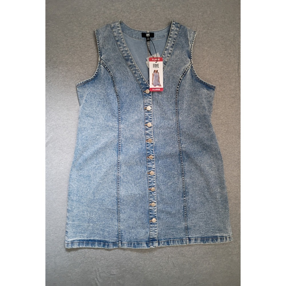 Frye Womens Light Wash Denim Button Front Mini Dress XL Sleeveless V-Neck Jumper